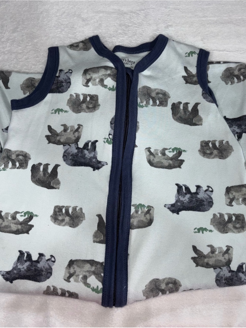 Burt's Bees Light Blue Bear Print Baby Sleep Sack with Navy Trim